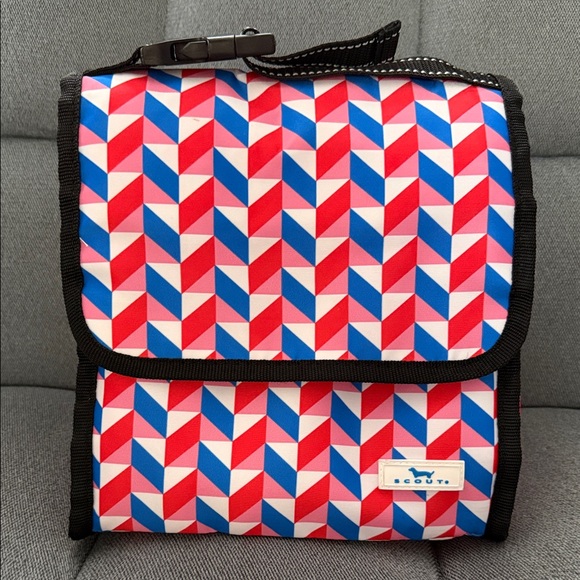 Scout Other - SCOUT Red, Pink, Whute and Blue Geometric Fold Down Lunch Bag w/Black Trim